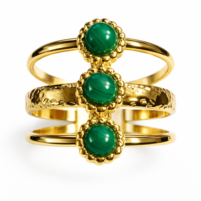 Bague 3 rangs cabochons Malachite