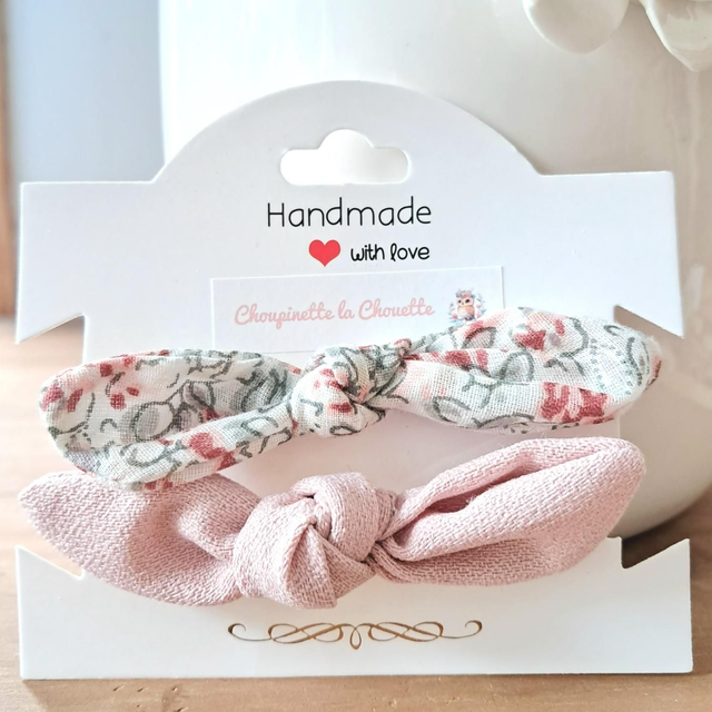 Élastiques à cheveux avec nœud - lot rose/fleurs