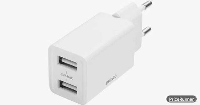 DELTACO väggladdare med dubbla USB-A portar, 2.4 A, 12 W, vit