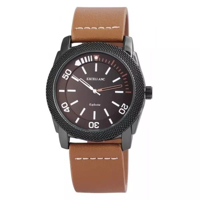 Montre marque Excellanc homme fond noir bracelet cuir marron