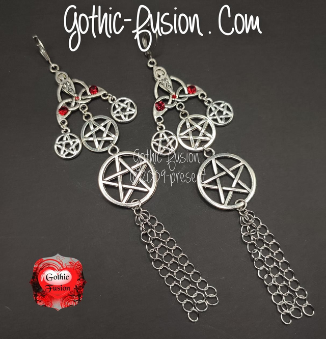 Goddess Statement Quadruple Pentacle Earrings with Red Chatons 