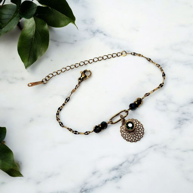 Bracelet acier inoxydable et strass vert foncé et doré