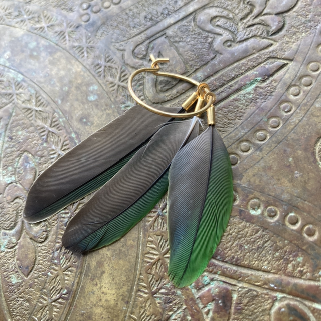 Boucle d’oreille créoles fine en plumes d’inséparables vertes et grises