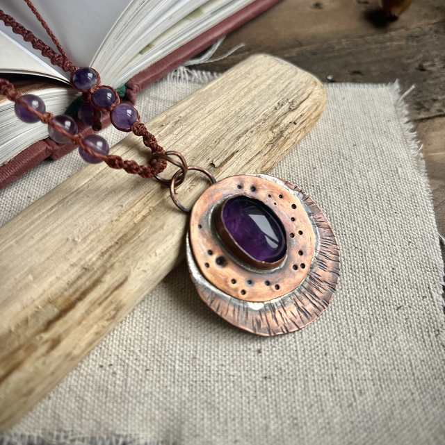 Collier Améthyste Cuivre et macramé