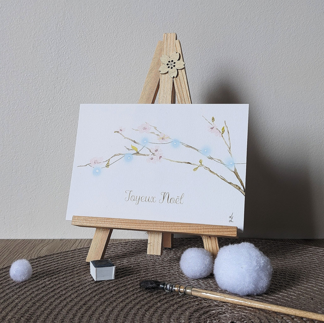"Sakura d'hiver" Tirage d'art format carte postale avec ou sans inscription "Joyeux Noël"