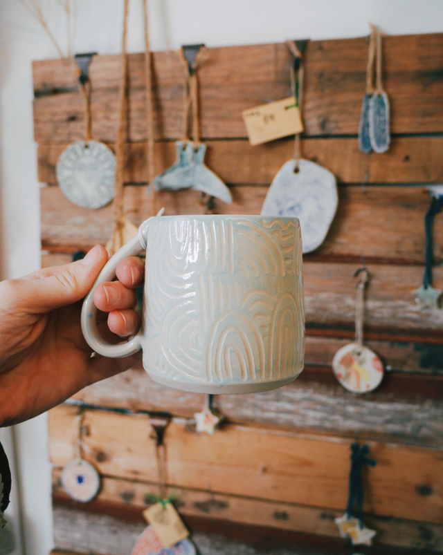 Upside Down Handle Blue Striped Mug, George Myers