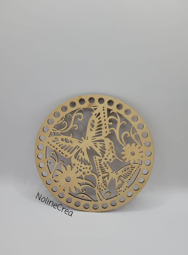 Base ronde en bois sculpté papillon et fleurs, base ronde bois 15 cm pour crochet