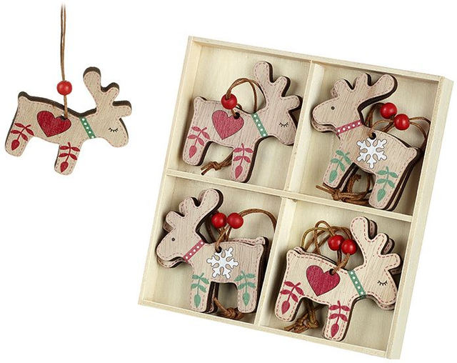Hanging Wooden Reindeer Christmas Decorations - Set of 8