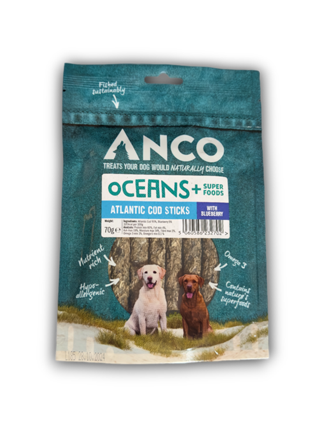 ANCO OCEANS + ATLANTIC COD STICKS WITH BLUEBERRY 70G