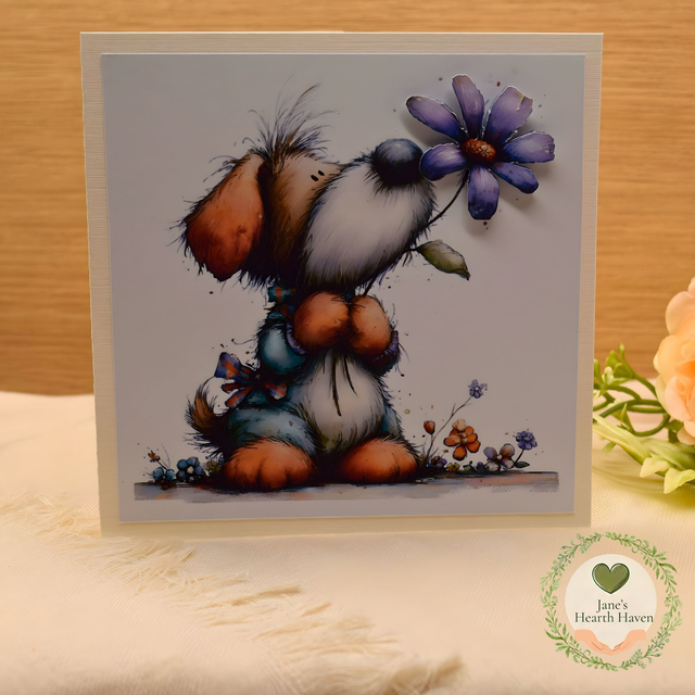 Whimsical Dog 5 x 5 Card | Purple Flower Illustration on Cream Textured Base 