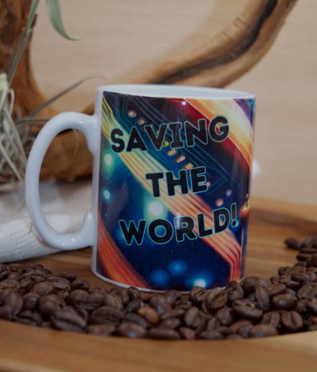 Mug: Retro Arcade Game Design on Circuit Board Background – “Saving the World One Level at a Time