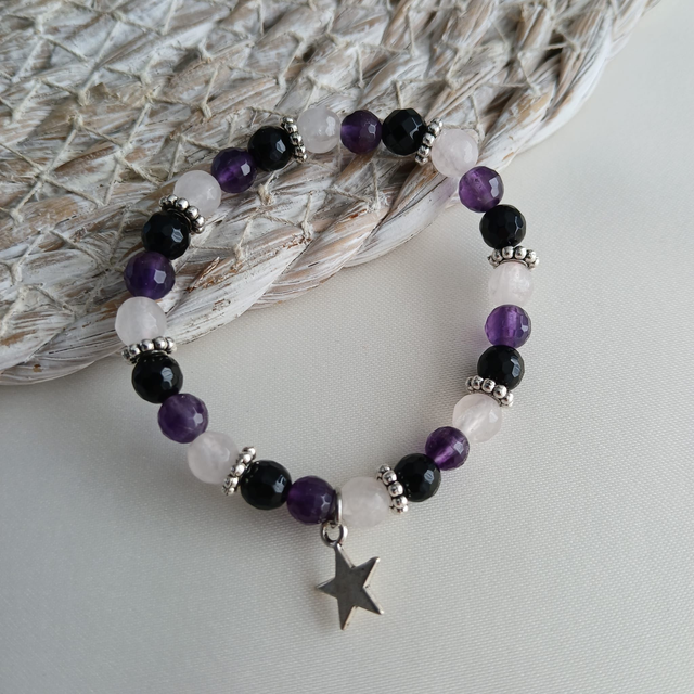 Meisjes armband met Amethist, Rozenkwarts en Onyx - rvs met bedel ster   (3.042)