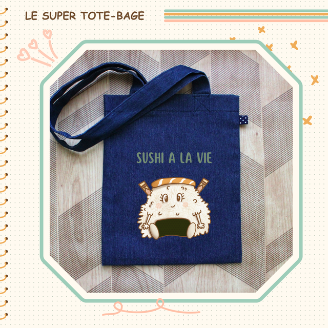 Tote-bag en jeans illustré &quot;sushi à la vie&quot;