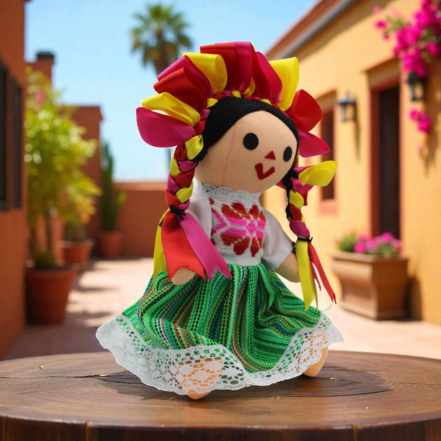 Poupée Lélé artisanale (L) – Coiffe rose, rouge et jaune