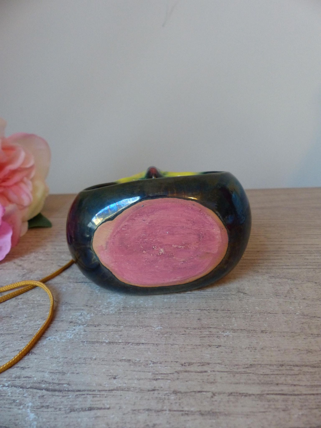 Cendrier Vintage Suspendu en Forme de Hibou - Céramique Émaillée Vert et Jaune - Années 1970 - Décoration Rétro pour Jardin, Balcon Cuisine