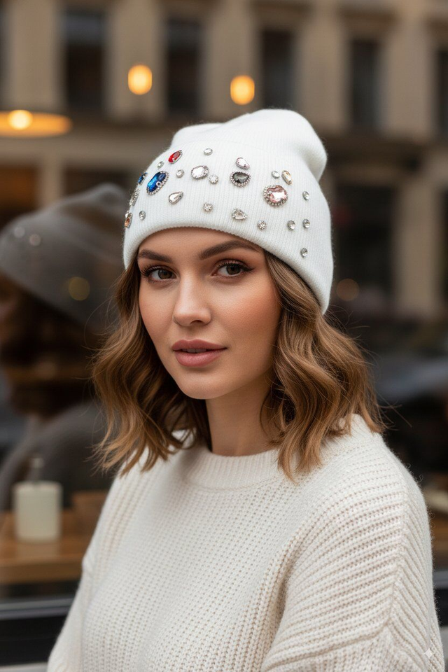 Bonnet angora avec strass