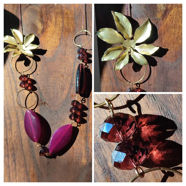 Fleur dorée, agate &amp; verre violine monté sur fil de lin réglable, pièce unique 