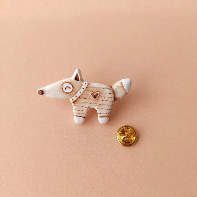 Fox clay pin - Red fox funny brooch - Air dry clay pin