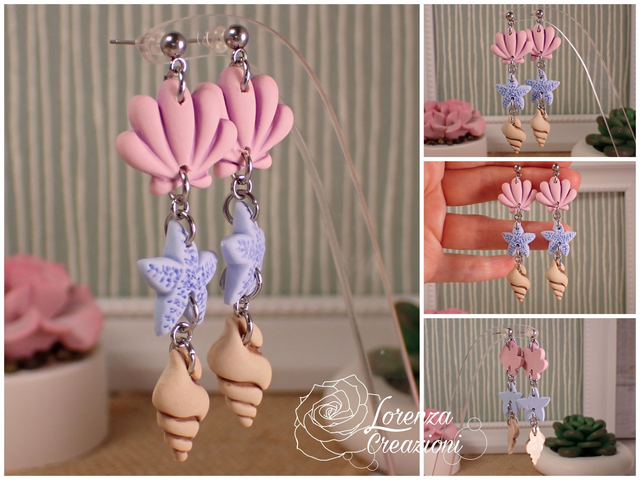 Orecchini a tema marino con conchiglie e stelle marine, rosa, azzurro e beige