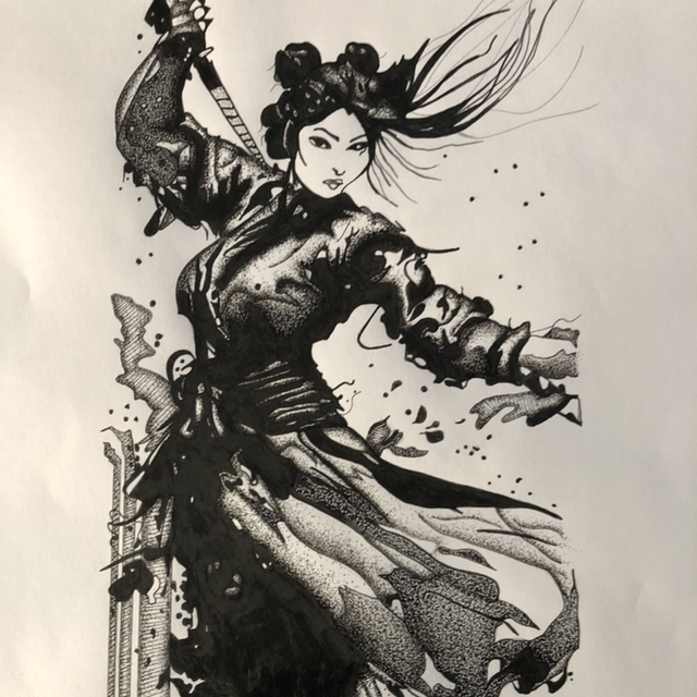 Guerrière samouraï - 44 x 54 cm - encadrement Noir