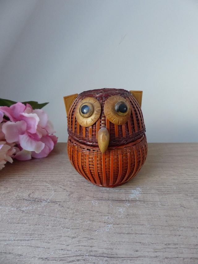 Boîte Chouette en Osier et Rotin – Artisanat Fait Main Vintage 1970 | Déco Chambre &amp; Boîte à Secrets