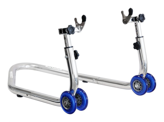 Lève Moto Universel Arrière Chromé L 700 / l 470 / H 420mm Roues Soft Bleues