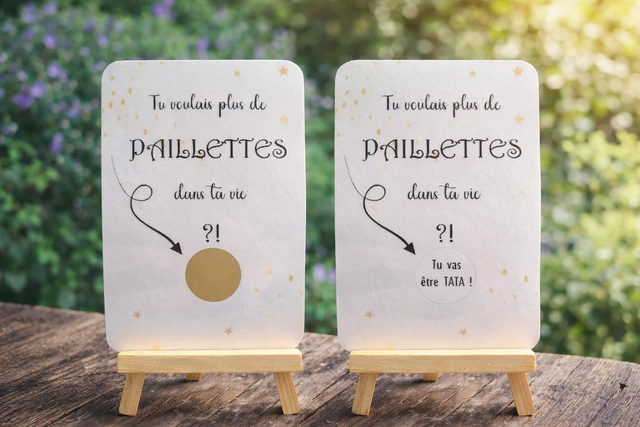 Carte à gratter personnalisée “Tu voulais plus de paillettes dans ta vie” – annonce tata ou marraine