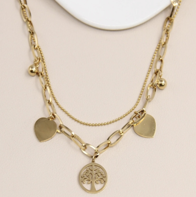 Collier double rangs Arbre de vie & cœurs dorés