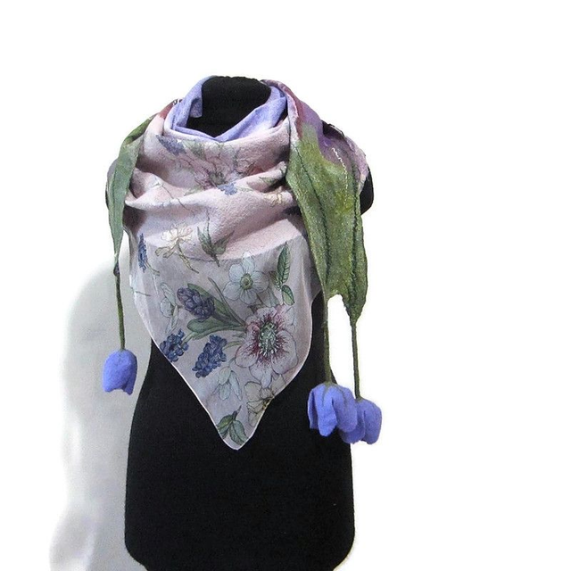 Scialle Bactus lana merino seta feltro Fatto a mano scialle Caldo infeltrimento fiori tulipani Sciarpa Viola donna Scialle Regalo unico