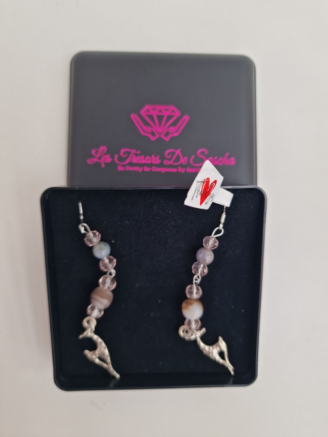 Boucles D'oreilles Girafes Acier Argenté Perles Agate Indienne Aventurine