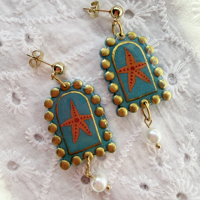 Orange Starfish Teal Glitter Arch Shaped Pearl Earrings