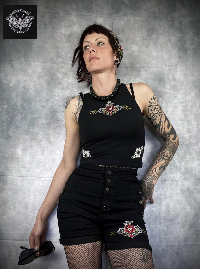 Ensemble Short + T-shirt crop top "Ancre et fleurs"