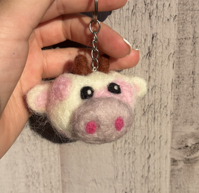 Needle-felt strawberry cow keyring 