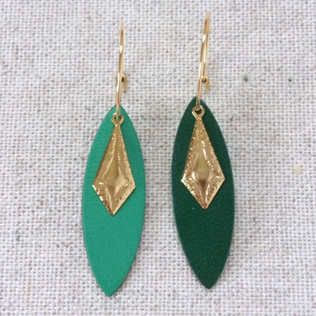 Boucles d’oreilles « Majeur » réversibles, dorées, cuir vert vif/ vert bouteille