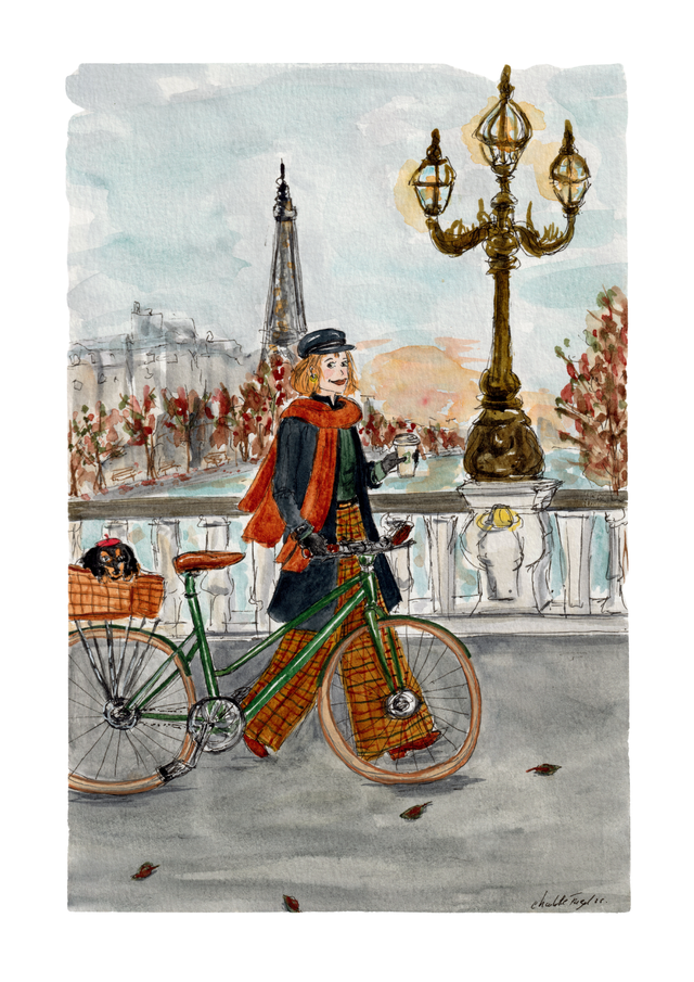 Paris  à vélo en automne - Aquarelle originale 