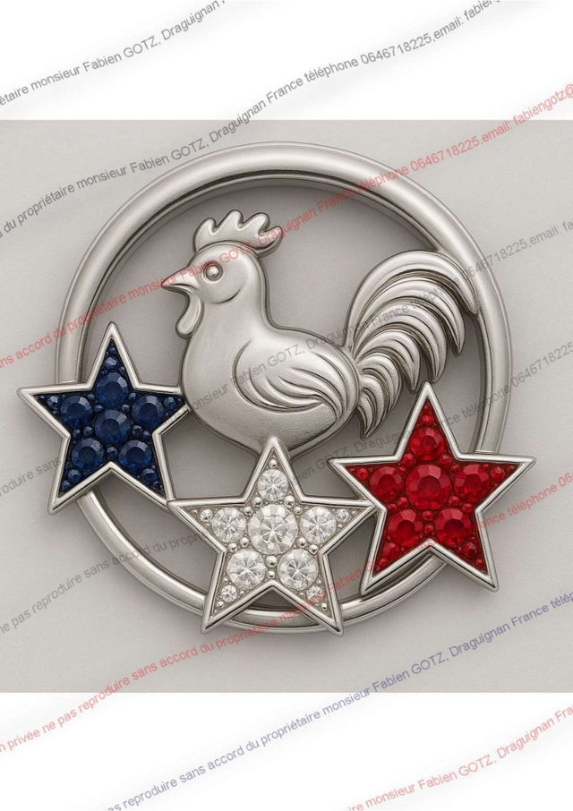 Création unique badge en or blanc et Pierre précieuse, création sur commande