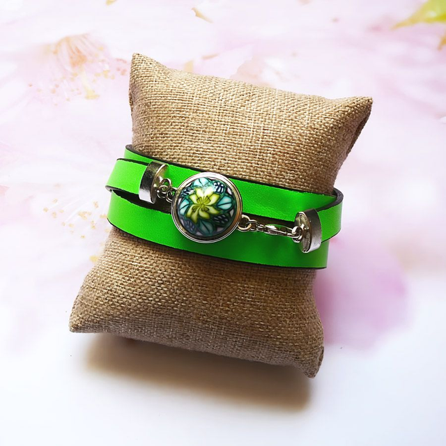Bracelet homme femme simili cuir vert mandala vert