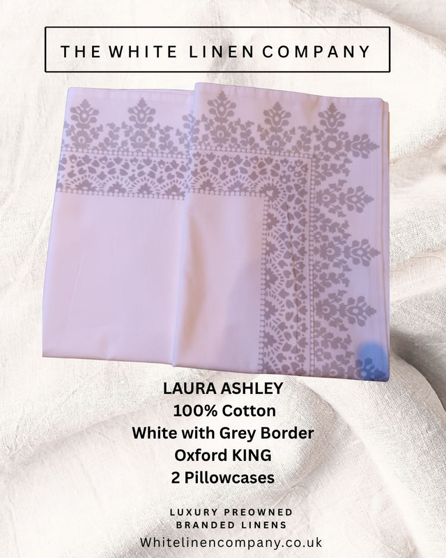 LAURA ASHLEY Pair White with Grey Border Kingsize 100% Cotton Pillowcases