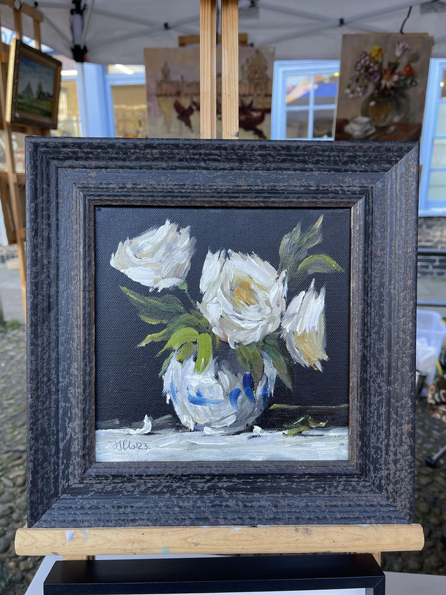 White roses in a vase on black canvas. Original art, oil painting