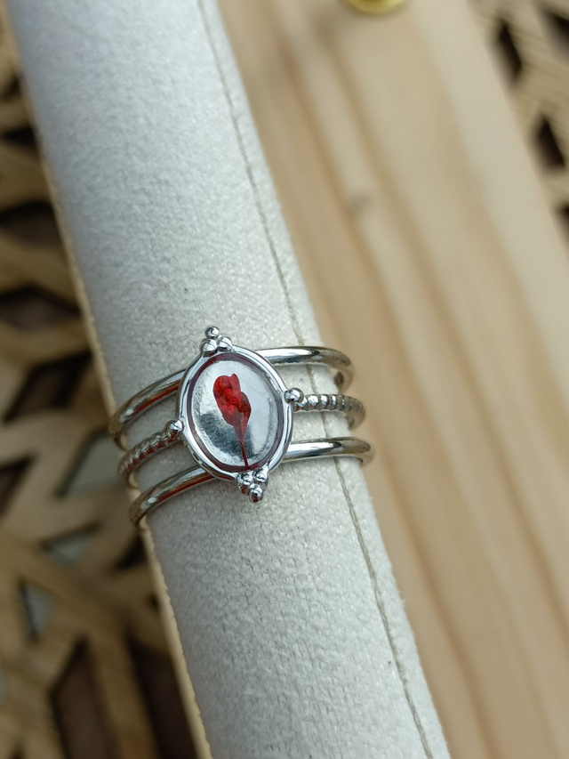 Bague Multirangs Réglable - Argent - Fleur rouge