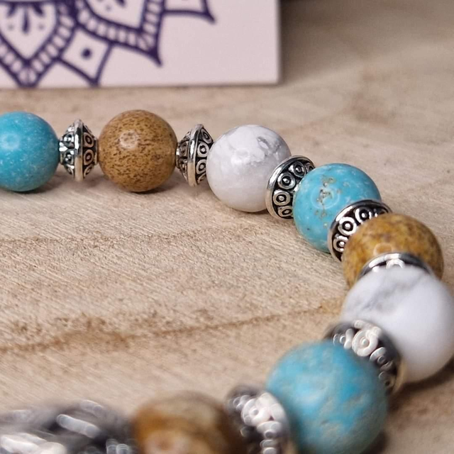 Bracelet Jaspe Paysage,  Howlite et Turquoise stabilisée 