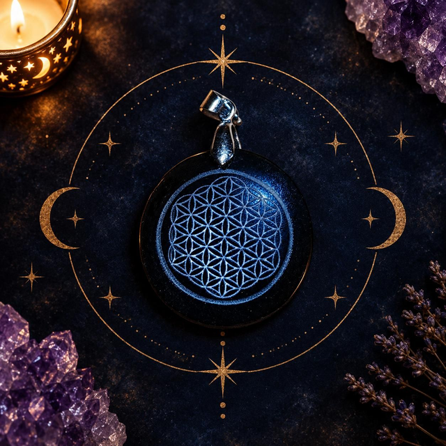 Pendentif obsidienne noir et fleur de vie 