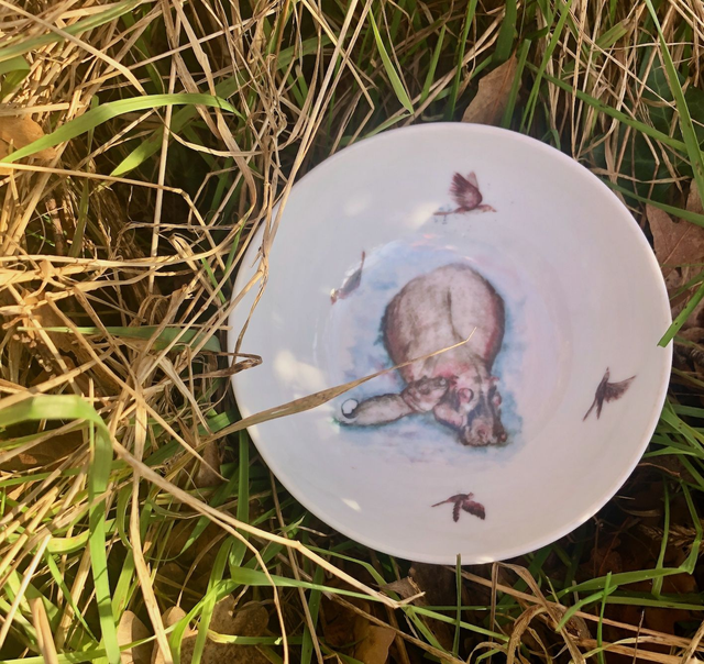 Hippo and baby upcycled bowl