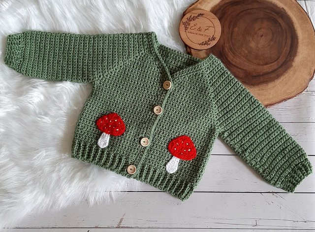 Handmade crochet baby cardigan with mushroom applique. From Preemie to 4 years.