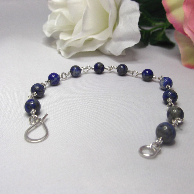 Lapis Lazuli gemstone bead bracelet with recycled sterling silver wire wrapped links