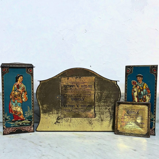 Early 20th Century “Victory V Gums & Lozenges” Chinoiserie Clock Tin by Fryer & Co., England