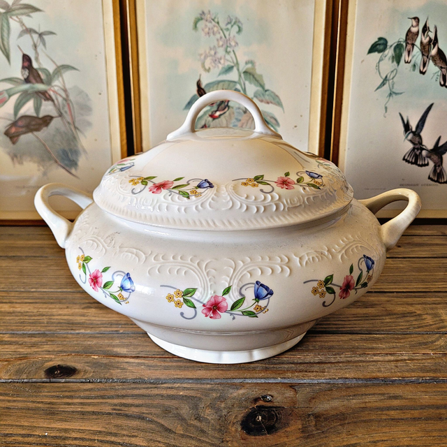 Soupière Tognana en porcelaine d'Italie, motifs en relief et fleurs (1)