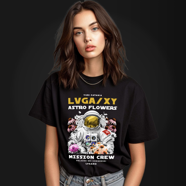 Yuri Catania LVGAXY ASTRO FLOWERS Women's Black Fitted T-Shirt - Front Print - Wearables Collection
