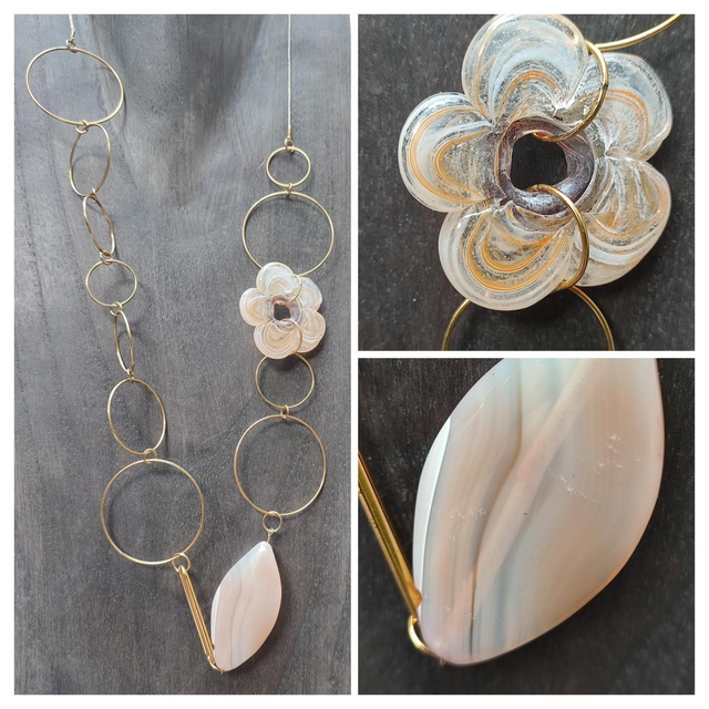 U-Sautoir fleur en verre de Murano et agate abricot ( pierres naturelles) monté sur fil de lin réglable - pièce unique -
