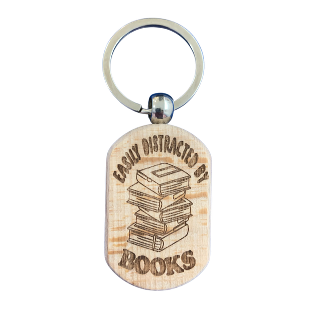 Easily Distracted by Books Wooden Double Sided Keyring